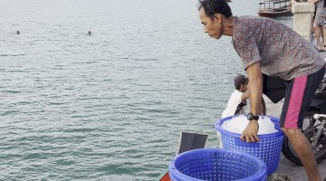Fisherman Casually Fills Ice By Tossing Buckets