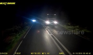 Terrifying moment overhanging load from HGV slams into truck driver's cab