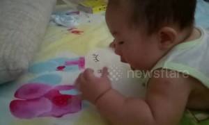 Cute baby tries to eat strawberry pattern on bed sheet