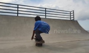 One-legged boy performs skateboard tricks after receiving prosthetic leg