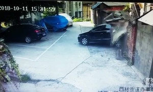 In like a glove! Newbie driver smashes three parked cars and then wall