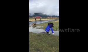 Girl takes spectacular fall in muddy puddle