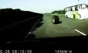 Coach tyres drop off and roll into motorway traffic, causing large crash