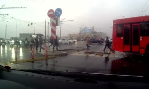 Red Bus Collides with Audi Sedan