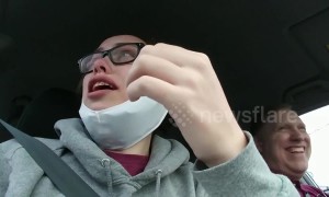 Girl ecstatic at seeing dog after wisdom tooth operation