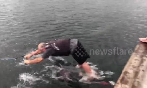 Canadian man dragged along lake in hilarious water skiing fail