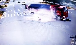 Scooter driver miraculously escapes death twice seconds apart