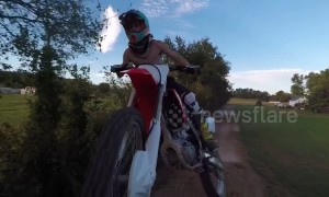 Drone gets taken out mid-flight by dirt-biker