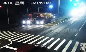 Truck cabin flattened by own 40-ton cargo after braking too fast