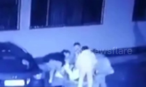 Oblivious woman playing on her phone falls face-first into open well