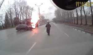 Car and Truck Collide and Erupt into Flames