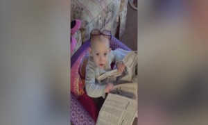 Adorable Baby Pretends to Read Newspaper