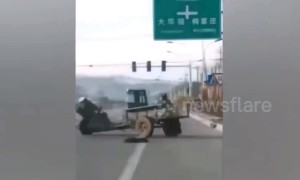 Out-of-control tractor does doughnuts on road while hapless driver chases