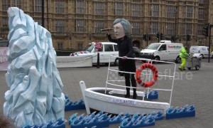 'Theresa May' effigy appears outside Parliament on a ship