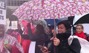 Whistles and umbrellas as LA teachers strike in the rain