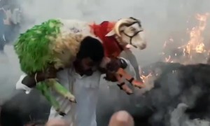 Farmers carry and drive livestock over burning field in fiery Hindu festival