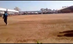 Chaos when riderless bike plunges into crowd of spectators after stunt fail