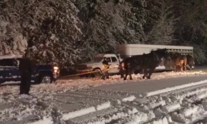 Horses Help Pull Trailer from Snowy Rut