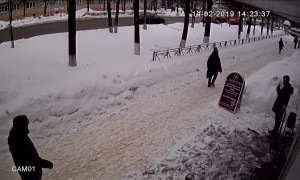 Ice Block Miraculously Misses Pedestrian