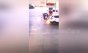 Petrol station workers react quickly when car fuel tank ignites at petrol pump