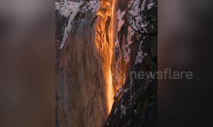 Yosemite firefall: Reflection creates illusion of lava flowing down mountainside