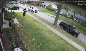 Instant karma for careless delivery driver when he steps in dog poop