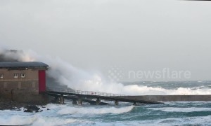 Gale force winds and waves batter the Cornish coast at Sennen