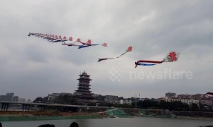 Chinese man flies 700-metre-long home-made kite into sky