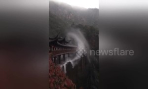 Powerful winds blow waterfall upwards in China’s Zhejiang