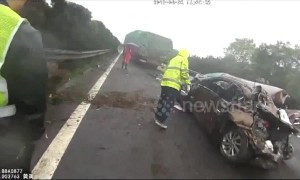 Car nearly flattened after overtaking and changing lane in front of semi-truck