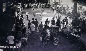 Terrifying moment basketball floodlights explode during game