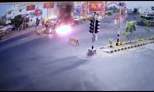 Security cam films terrifying moment truck catches fire in central India