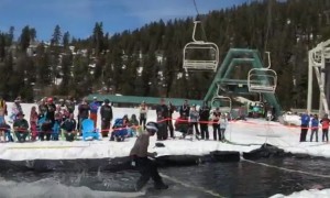 Snowboarder clears 60ft pond before somersaulting at California ski resort