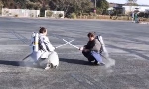 Samurai warriors engage in mid-air fight using jet packs