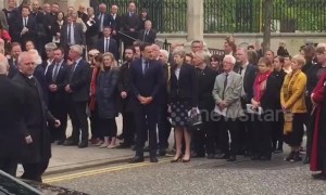 Theresa May and Leo Varadkar leave St Anne's Cathedral after Lyra McKee's funeral service