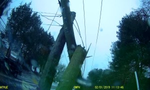 Telephone Pole Shattered by Sliding Truck