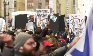 Protestors gather outside the New York Times building over Netanyahu cartoon