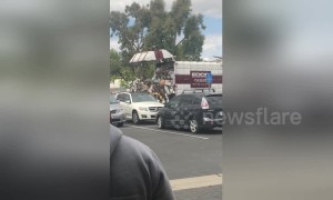 Rubbish day at work! California garbage truck unloads mountain of waste on road