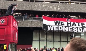 Sheffield United fans celebrate promotion with open-top bus tour chanting 'We hate Wednesday!'