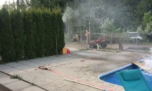 Snowmobile Skips Over a Swimming Pool