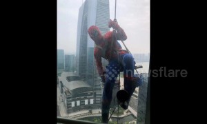 'Spiderman' spotted washing windows out of tall building in China