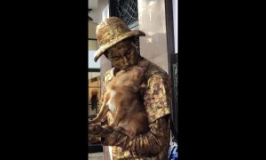 Hilarious moment Pomeranian puppy plays dead to copy street mime