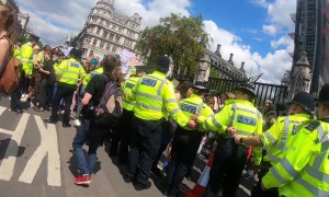 Young climate activists seen shouting at police officers, London UK