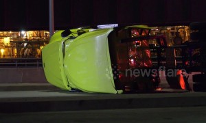 Overturned semi-truck blocks bridge near Los Angeles