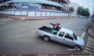 Moped rider lands safely inside bed of pick-up truck following collision