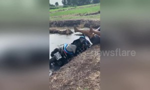 Wheelie bad! Thai man fails at moped trick and falls in pond