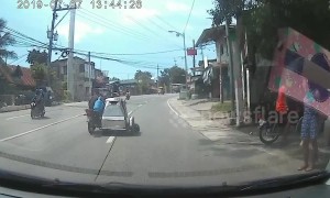 Motorcyclist in Thailand somehow drops gas canister but swiftly shuts it off before explosion