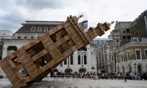 Huge cardboard tower toppled in the City of London