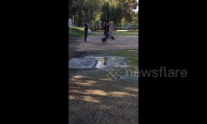 A man invents his own version of a pull-up