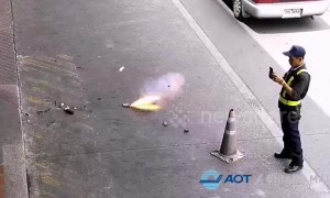 Terrifying moment power bank explodes inside passenger's bag at Thai airport